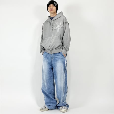 『SK8ER ROCK』 　スターリバースピグメントスウェットパーカージップアップ (Grey)