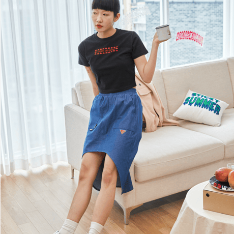 『FREAKISH BUILDING』 SEGU UNBALANCE MIDI SKIRT (Denim)