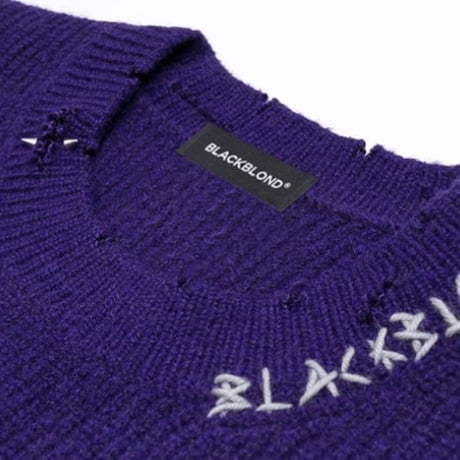 『BLACKBLOND』　hand-stitched logo ripped sweater (Purple)