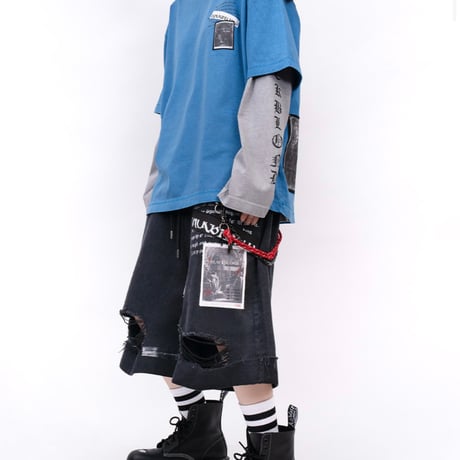 『BLACKBLOND』  Chaos Patch Fold Up Denim Shorts (Black)