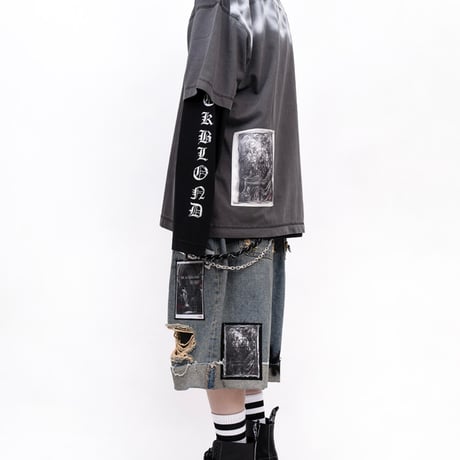 『BLACKBLOND』  Chaos Patch Fold Up Denim Shorts (Rusty Blue)