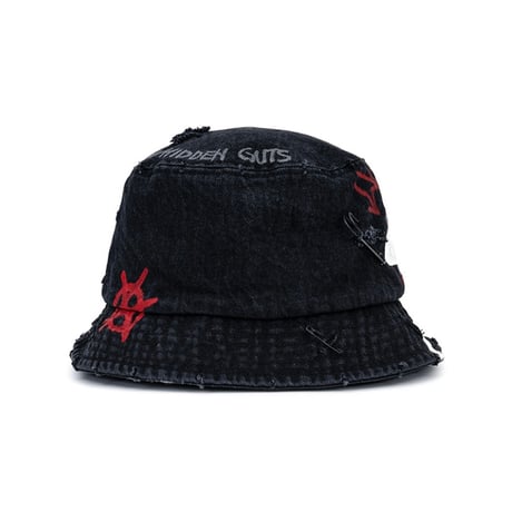 『BLACKBLOND』   smile logo denim bucket hat dirty custom ver. (Black)