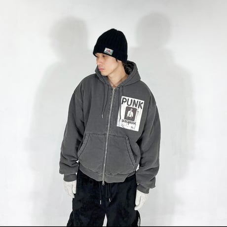 『SK8ER ROCK』 　scribble padded pigment sweat hood zip-up (Charcoal)