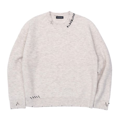 『BLACKBLOND』　hand-stitched logo ripped sweater (Oatmeal)