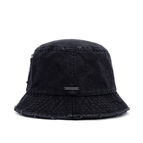 『BLACKBLOND』   ripped custom disorder patch denim bucket hat (Black)