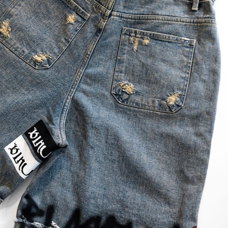 『BLACKBLOND』  Chaos Patch Fold Up Denim Shorts (Rusty Blue)