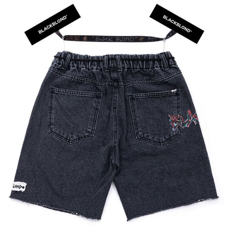 『BLACKBLOND』  ペインテッドグラフィティーロゴショートデニムパンツ (Black)