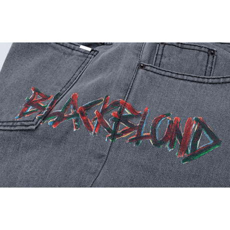 『BLACKBLOND』  ペインテッドグラフィティーロゴショートデニムパンツ (Dark Gray)