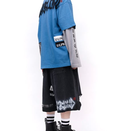 『BLACKBLOND』  Chaos Patch Fold Up Denim Shorts (Black)