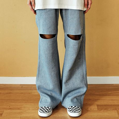 『FREAKISH BUILDING』 ピークスリットロングパンツ (Denim)