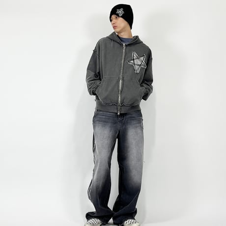 『SK8ER ROCK』 　スターリバースピグメントスウェットパーカージップアップ (Charcoal)
