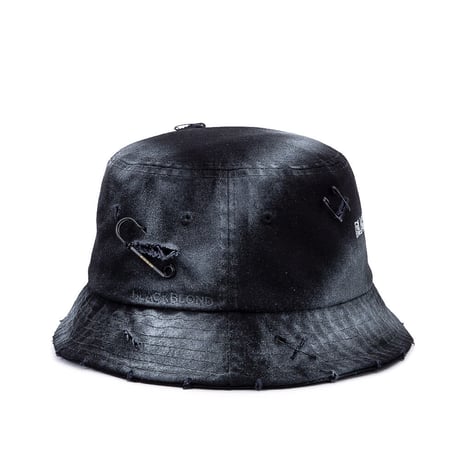 『BLACKBLOND』  ripped sprayed custom border graffiti logo bucket hat (Black)