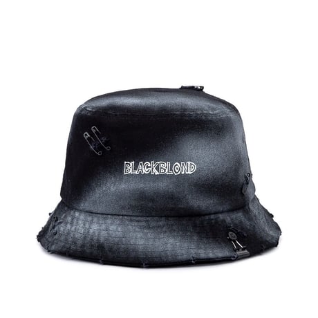 『BLACKBLOND』  ripped sprayed custom border graffiti logo bucket hat (Black)
