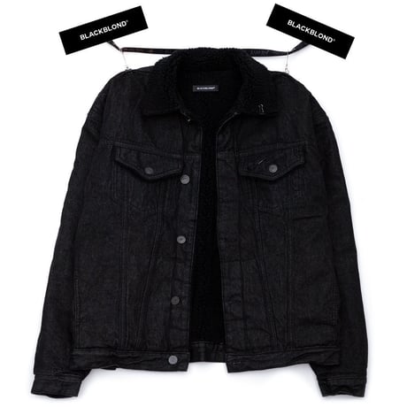 『BLACKBLOND』   Shearling Collar Graffiti Logo Denim Jacket (Black)