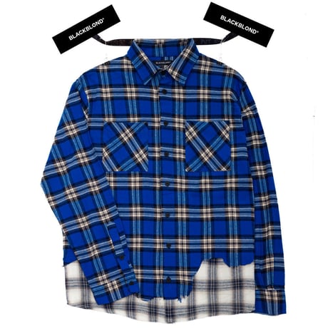 『BLACKBLOND』　グラフィティロゴレイヤードチェックシャツ (Blue)