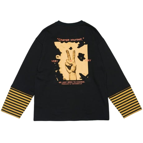 『Verynineflux』   ストライプレイヤードTシャツ (Black)