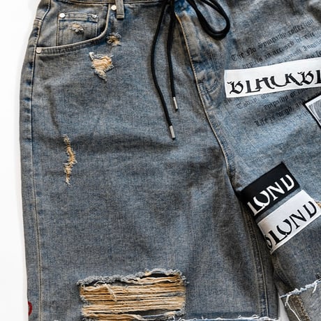 『BLACKBLOND』  Chaos Patch Fold Up Denim Shorts (Rusty Blue)