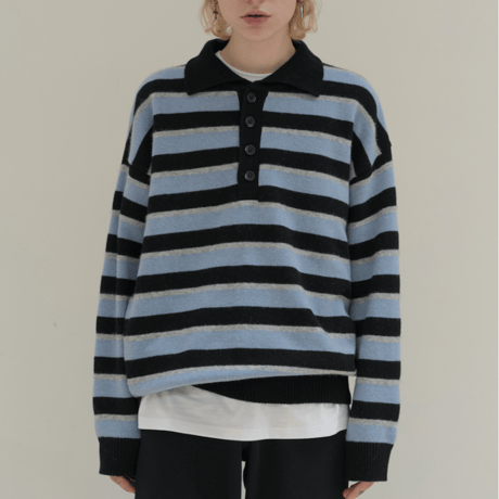 『HIFIFNK』  ラマウールストライプポロシャツ (Black)