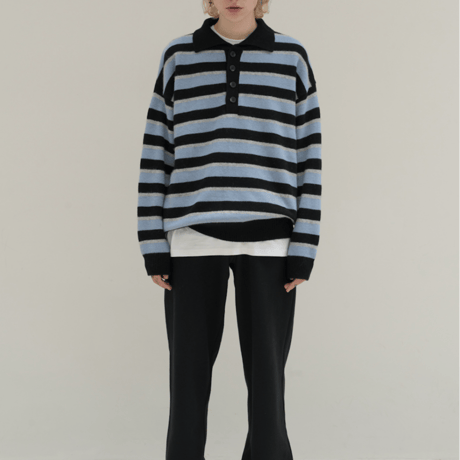 『HIFIFNK』  ラマウールストライプポロシャツ (Black)