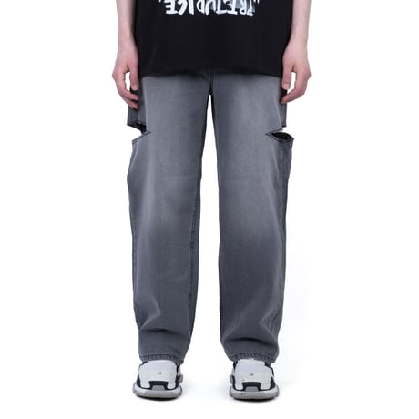 『BLACKBLOND』 　ベーシックカットアウトオーバーフィットデニムパンツ (Gray)