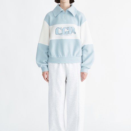 『Code:graphy』 　big collar color block knit half zip-up (Sky Blue)