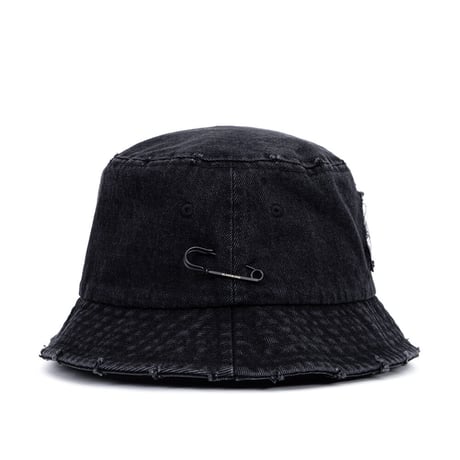 『BLACKBLOND』   ripped custom disorder patch denim bucket hat (Black)
