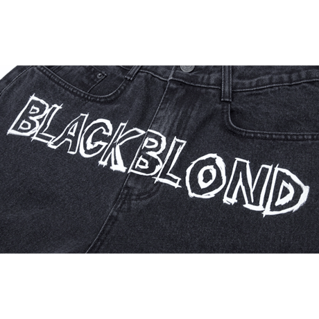 『BLACKBLOND』 　ボーダーグラフィティースマイルロゴデニムパンツ (Charcoal)