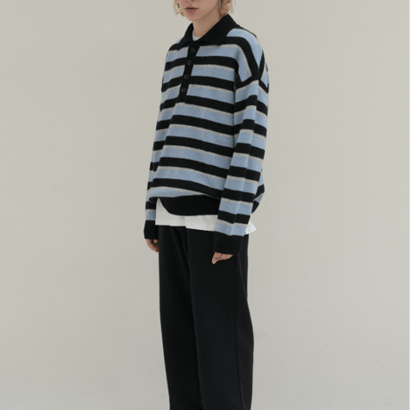 『HIFIFNK』  ラマウールストライプポロシャツ (Black)