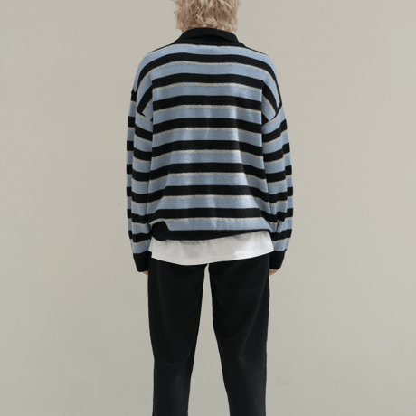 『HIFIFNK』  ラマウールストライプポロシャツ (Black)