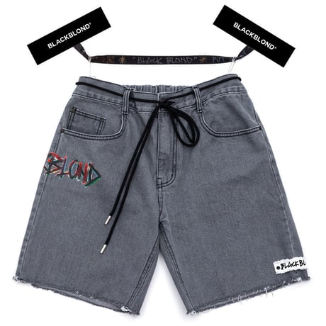 『BLACKBLOND』  ペインテッドグラフィティーロゴショートデニムパンツ (Dark Gray)
