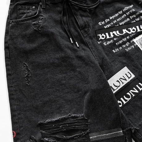 『BLACKBLOND』  Chaos Patch Fold Up Denim Shorts (Black)