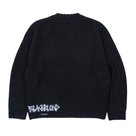 『BLACKBLOND』　hand-stitched logo ripped sweater (Black)