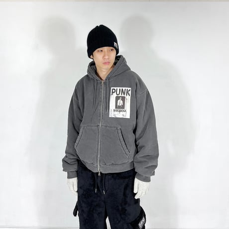 『SK8ER ROCK』 　scribble padded pigment sweat hood zip-up (Charcoal)