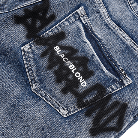 『BLACKBLOND』  Graffiti Metal Logo Denim Pants (Smoke Blue)