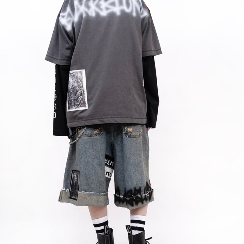 BLACKBLOND』 Chaos Patch Fold Up Denim Shorts