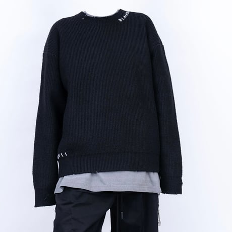 『BLACKBLOND』　hand-stitched logo ripped sweater (Black)