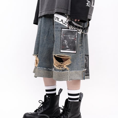 『BLACKBLOND』  Chaos Patch Fold Up Denim Shorts (Rusty Blue)