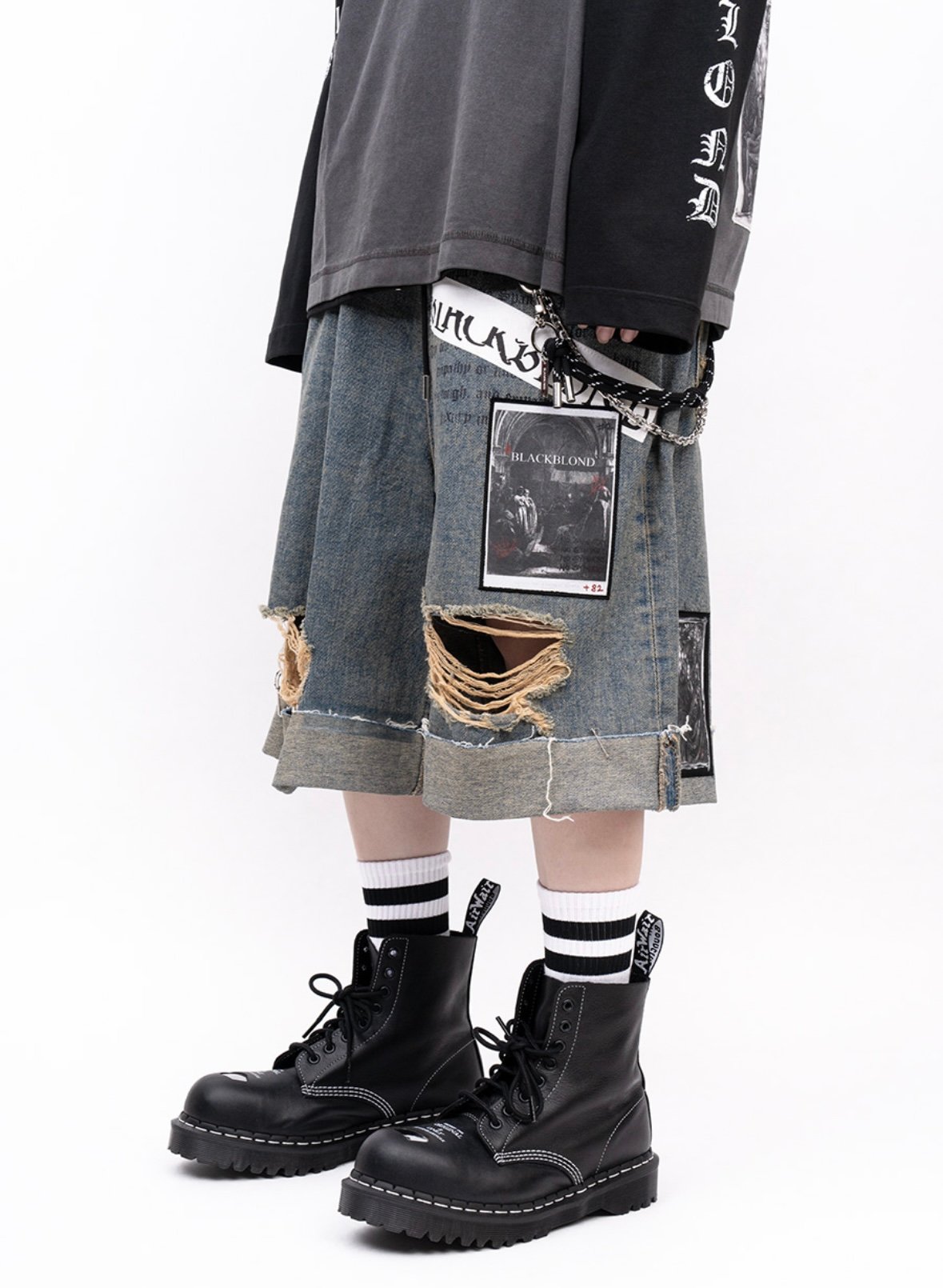 パンツ BLACKBLOND Bibbidi Chaos Patch Fold Up Denim Shorts Black 24 BLACKBLOND』 Chaos Patch Fold Up Denim Shorts