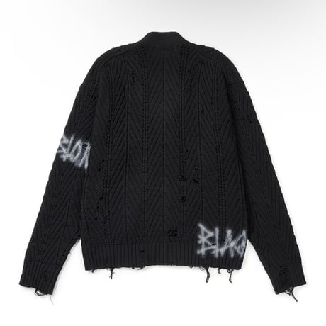 『BLACKBLOND』　vivid graffiti logo rip piercing knit cardigan (Black)