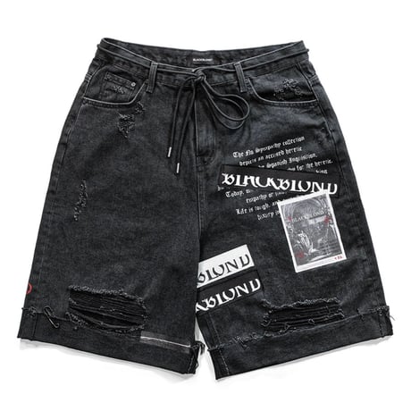 『BLACKBLOND』  Chaos Patch Fold Up Denim Shorts (Black)