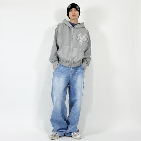 『SK8ER ROCK』 　スターリバースピグメントスウェットパーカージップアップ (Grey)