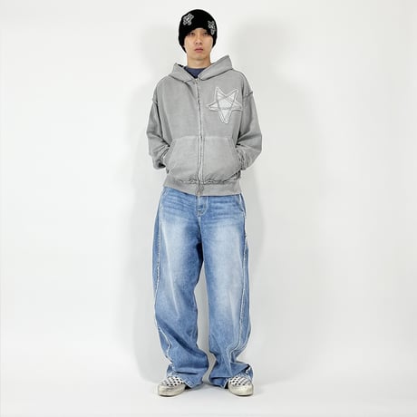 『SK8ER ROCK』 　スターリバースピグメントスウェットパーカージップアップ (Grey)