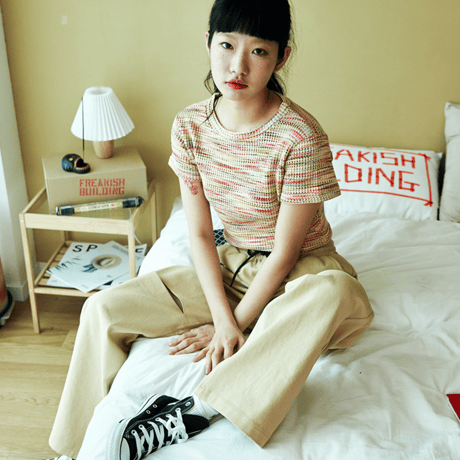 『FREAKISH BUILDING』  マルチカラーワッフルショートスリーブクロップ Tシャツ (Yellow)
