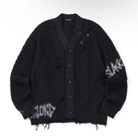『BLACKBLOND』　vivid graffiti logo rip piercing knit cardigan (Black)