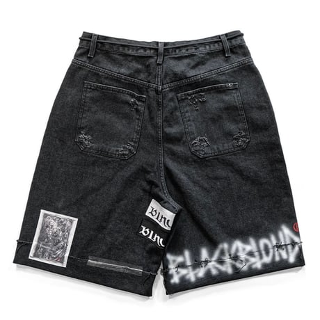 『BLACKBLOND』  Chaos Patch Fold Up Denim Shorts (Black)