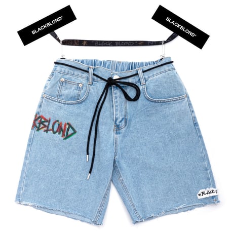 『BLACKBLOND』  ペインテッドグラフィティーロゴショートデニムパンツ (Light Blue)