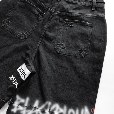『BLACKBLOND』  Chaos Patch Fold Up Denim Shorts (Black)