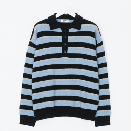 『HIFIFNK』  ラマウールストライプポロシャツ (Black)