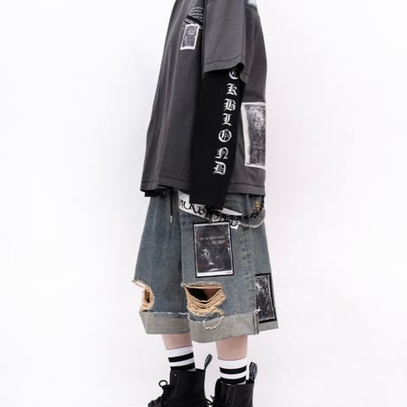 『BLACKBLOND』  Chaos Patch Fold Up Denim Shorts (Rusty Blue)