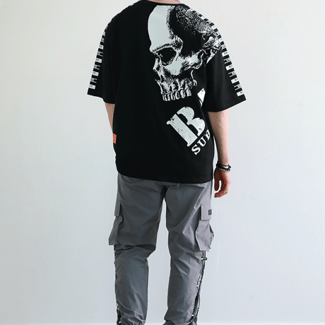 『BAUST』  ラベルモチーフスカルショートスリーブ Tシャツ (Black)